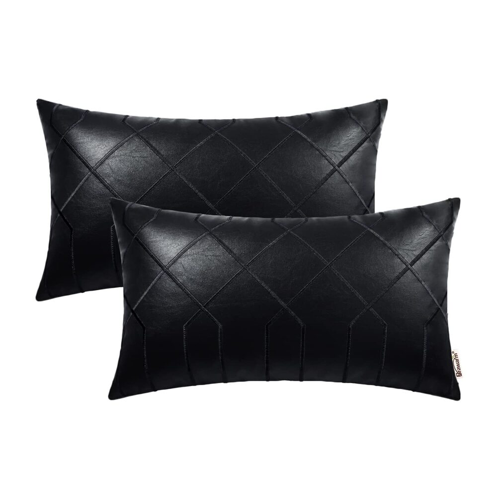 2637 Leather Pillow Covers 12 X 20 Inches, Black Faux Leather Lumbar Pillow